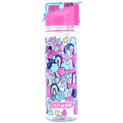 EAZY KIDS Tritan Water Bottle w/2in1 drinking, Flip lid and Sipper, Unicorn - Pink, 650ml