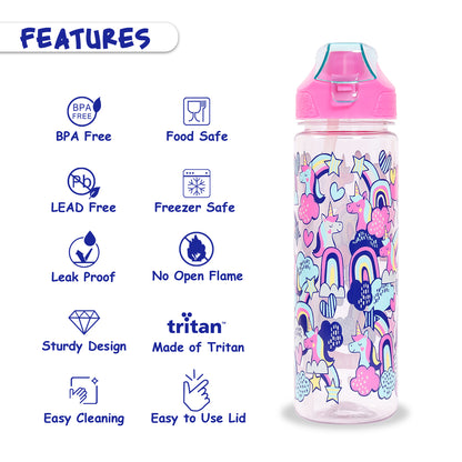EAZY KIDS Tritan Water Bottle w/2in1 drinking, Flip lid and Sipper, Unicorn - Pink, 650ml