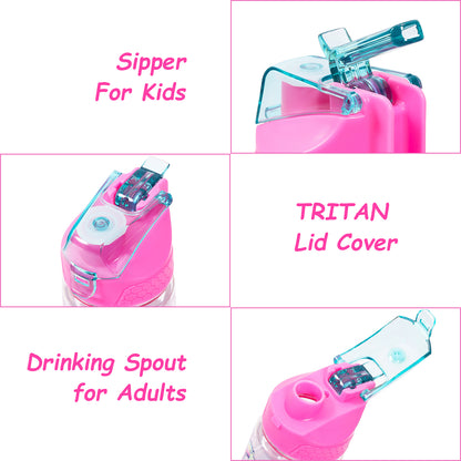 EAZY KIDS Tritan Water Bottle w/2in1 drinking, Flip lid and Sipper, Unicorn - Pink, 650ml