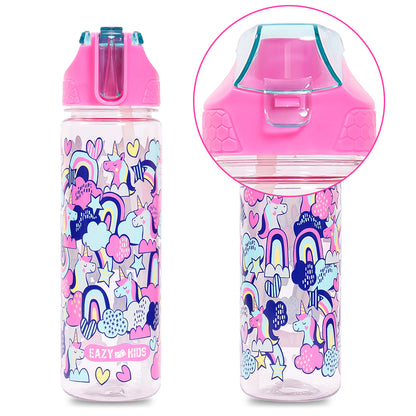 EAZY KIDS Tritan Water Bottle w/2in1 drinking, Flip lid and Sipper, Unicorn - Pink, 650ml