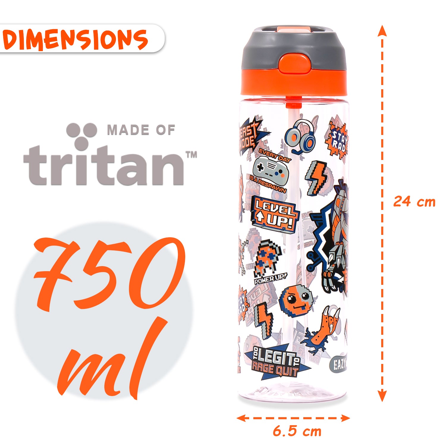 EAZY KIDS Tritan Water Bottle w/Spray, Dinosaur - Grey, 750ml