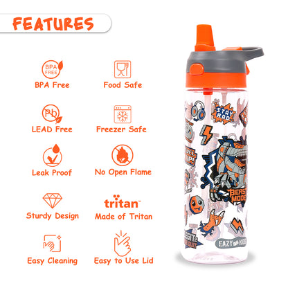 EAZY KIDS Tritan Water Bottle w/Spray, Dinosaur - Grey, 750ml