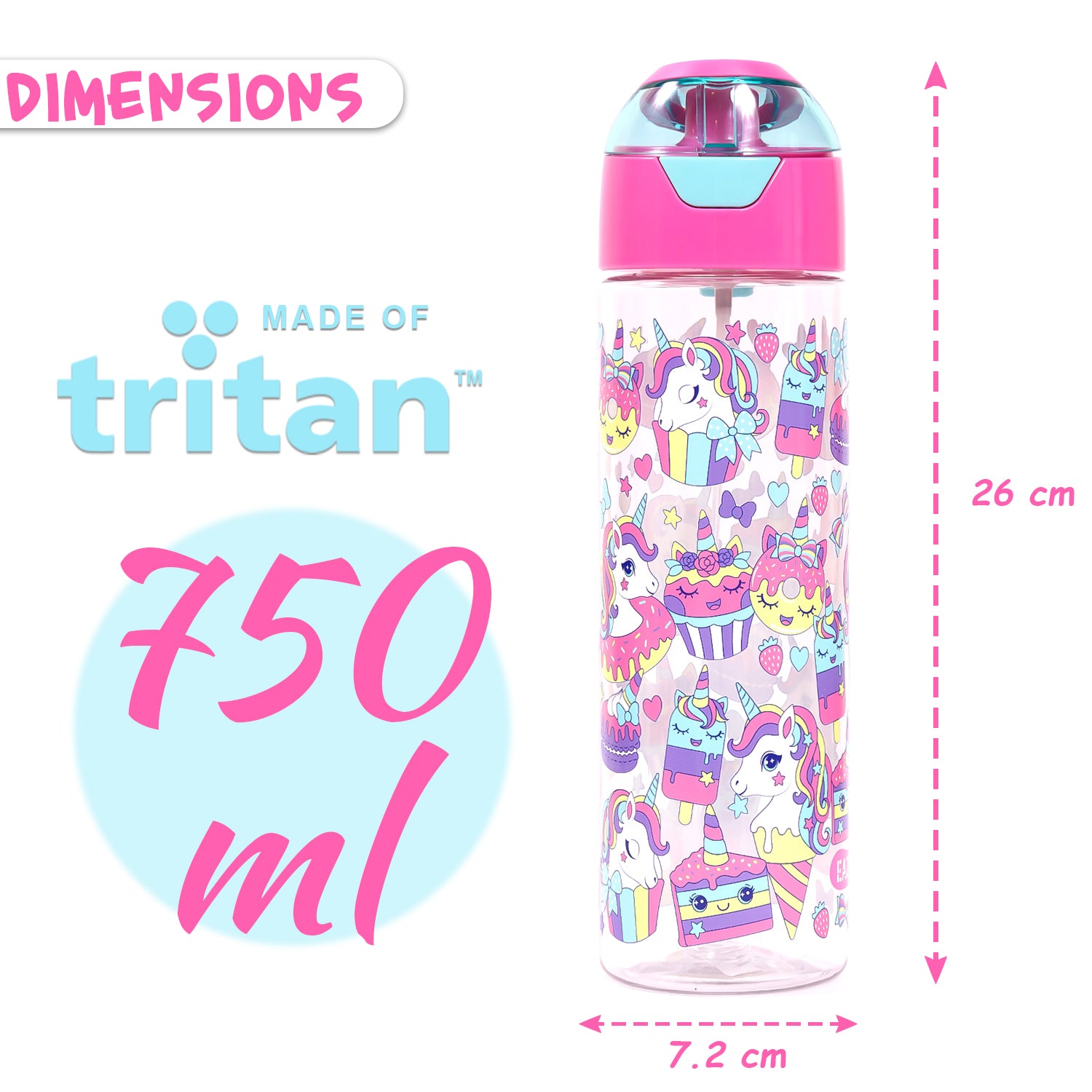 EAZY KIDS Tritan Water Bottle w/Spray, Unicorn Desert - Pink, 750ml