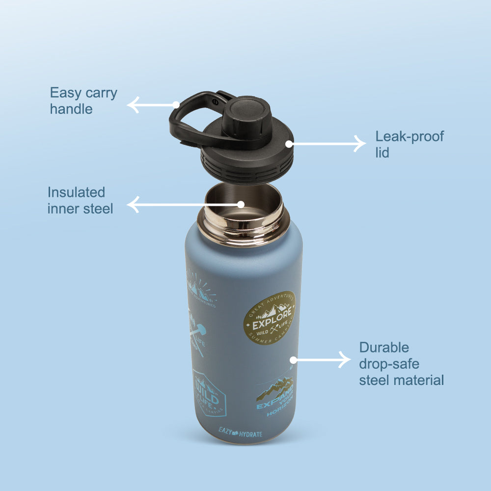 EAZY KIDS - Water Bottle Explorer w/Travel Sling Bag, 950ml Blue