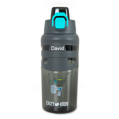 Eazy Kids Personalized Flip Top Water Bottle 750ml – BPA Free Spout & Straw Bottle for Kids, Urban Grey
