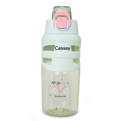 Eazy Kids Personalized Flip Top Water Bottle 750ml – BPA Free Spout & Straw Bottle for Kids, Bicycle Mint