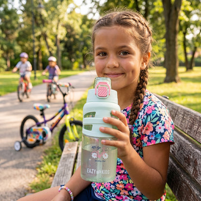 Eazy Kids Personalized Flip Top Water Bottle 750ml – BPA Free Spout & Straw Bottle for Kids, Bicycle Mint