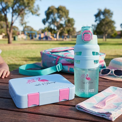 Eazy Kids Flip Top Water Bottle 750ml – BPA Free Spout & Straw Bottle for Kids, Flamingo Aqua