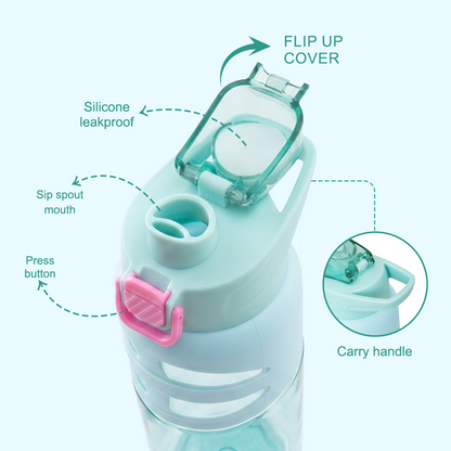 Eazy Kids Flip Top Water Bottle 750ml – BPA Free Spout & Straw Bottle for Kids, Flamingo Aqua