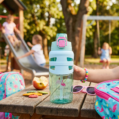 Eazy Kids Flip Top Water Bottle 750ml – BPA Free Spout & Straw Bottle for Kids, Flamingo Aqua