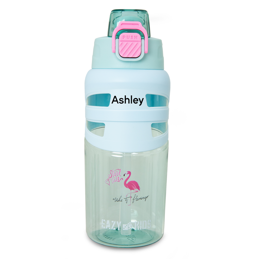 Eazy Kids Personalized Flip Top Water Bottle 750ml – BPA Free Spout & Straw Bottle for Kids, Flamingo Aqua