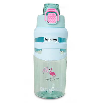 Eazy Kids Personalized Flip Top Water Bottle 750ml – BPA Free Spout & Straw Bottle for Kids, Flamingo Aqua