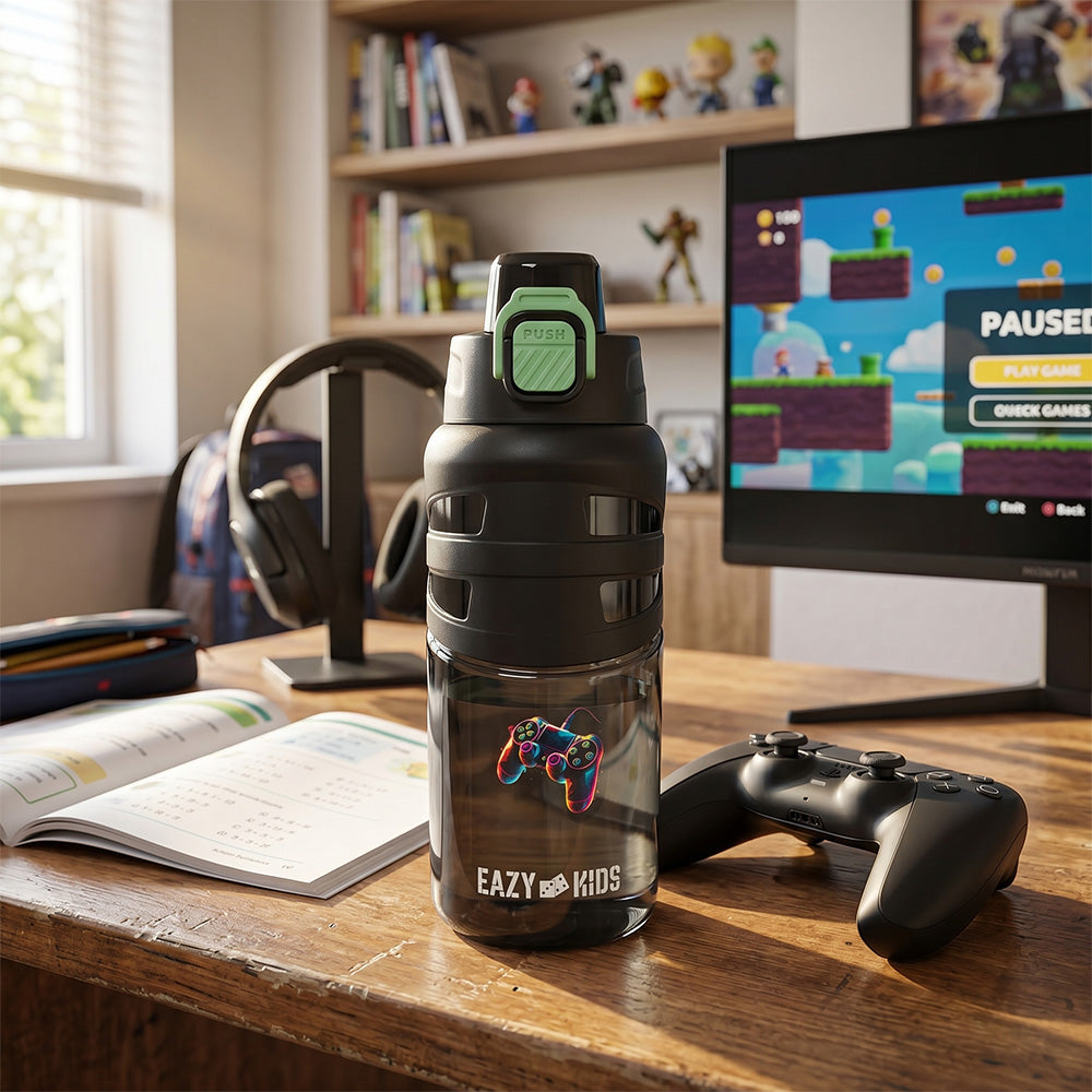 Eazy Kids Flip Top Water Bottle 750ml – BPA Free Spout & Straw Bottle for Kids, Gamer Black