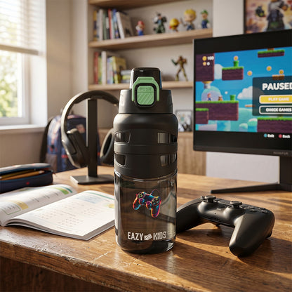Eazy Kids Flip Top Water Bottle 750ml – BPA Free Spout & Straw Bottle for Kids, Gamer Black