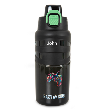 Eazy Kids Personalized Flip Top Water Bottle 750ml – BPA Free Spout & Straw Bottle for Kids, Gamer Black