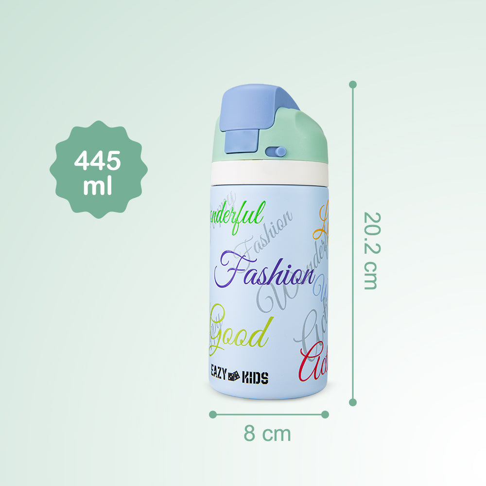 Eazy Kids Personalized Stainless Steel Water Bottle Bling w/ Straw and Spout 445 mL Success Blue