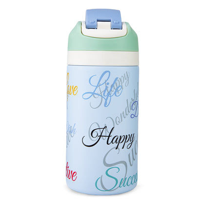 Eazy Kids Personalized Stainless Steel Water Bottle Bling w/ Straw and Spout 445 mL Success Blue