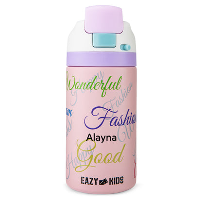 Eazy Kids Personalized Stainless Steel Water Bottle Bling w/ Straw and Spout 445 mL Success Pink