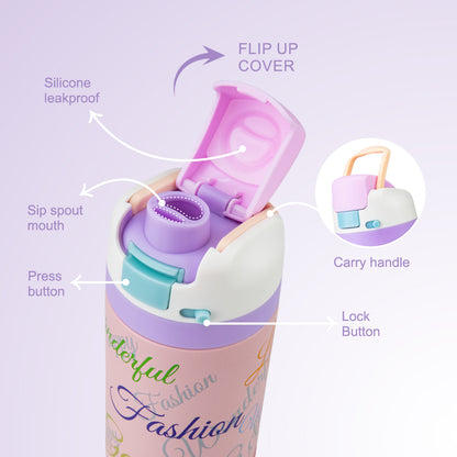 Eazy Kids Personalized Stainless Steel Water Bottle Bling w/ Straw and Spout 445 mL Success Pink