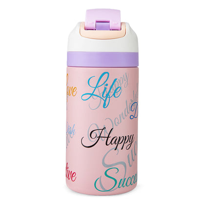 Eazy Kids Personalized Stainless Steel Water Bottle Bling w/ Straw and Spout 445 mL Success Pink