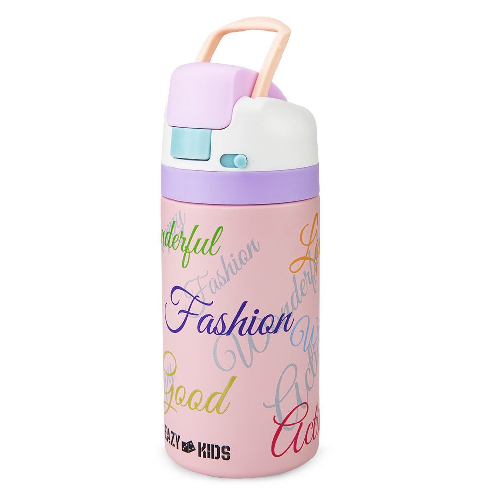 Eazy Kids Personalized Stainless Steel Water Bottle Bling w/ Straw and Spout 445 mL Success Pink