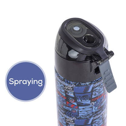 EAZY KIDS - Insulated Stainless Steel Water Bottle w/Spray -Car Racing, 640ml Blue