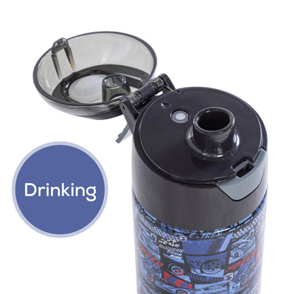 EAZY KIDS - Insulated Stainless Steel Water Bottle w/Spray -Car Racing, 640ml Blue