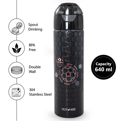 Eazy Kids - Insulated Stainless Steel Water Bottle w/Spray, Football 640ml - Black