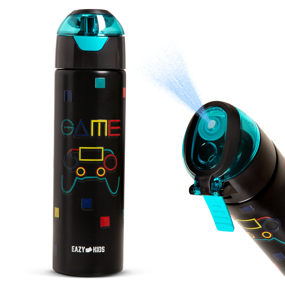 EAZY KIDS - Insulated Stainless Steel Water Bottle w/Spray -Gamer, 640ml Black