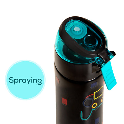 EAZY KIDS - Insulated Stainless Steel Water Bottle w/Spray -Gamer, 640ml Black