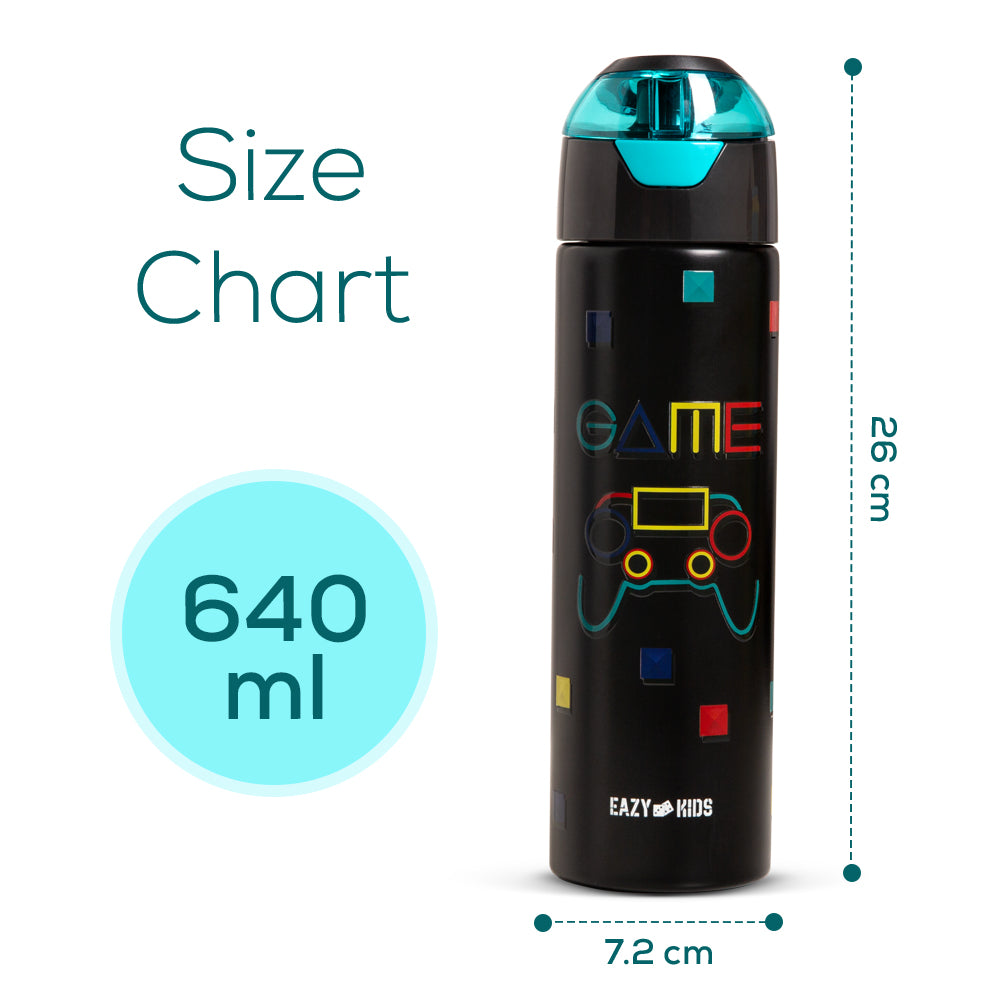 EAZY KIDS - Insulated Stainless Steel Water Bottle w/Spray -Gamer, 640ml Black