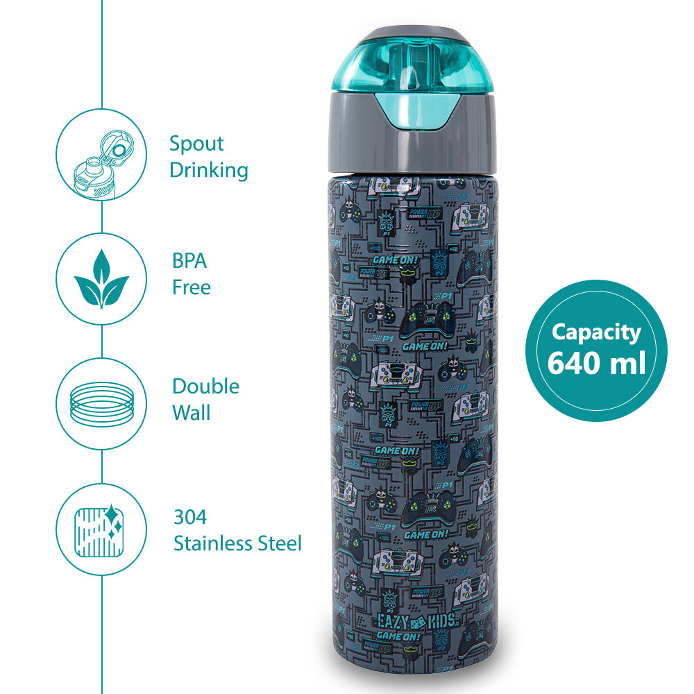 Eazy Kids - Insulated Stainless Steel Water Bottle w/Spray, Gaming 640ml - Grey