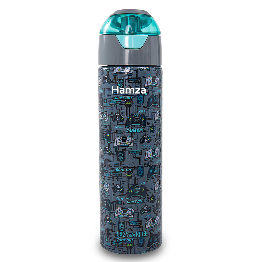 Eazy Kids Personalized - Insulated Stainless Steel Water Bottle w/Spray, Gaming 640ml - Grey