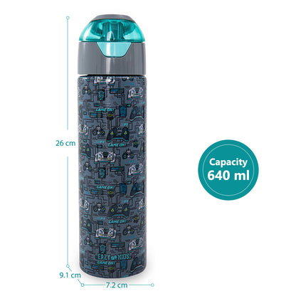Eazy Kids Personalized - Insulated Stainless Steel Water Bottle w/Spray, Gaming 640ml - Grey