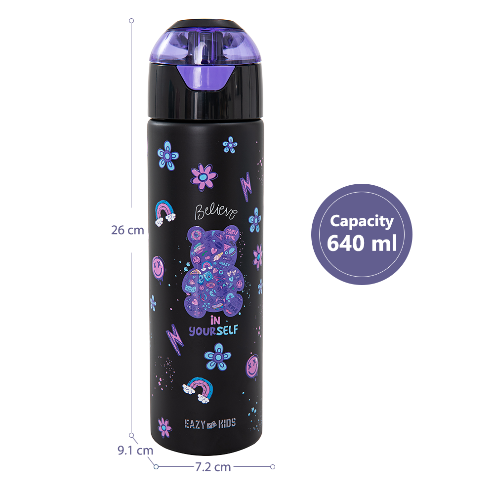 Eazy Kids - Insulated Stainless Steel Water Bottle w/Spray, Teddy 640ml - Black