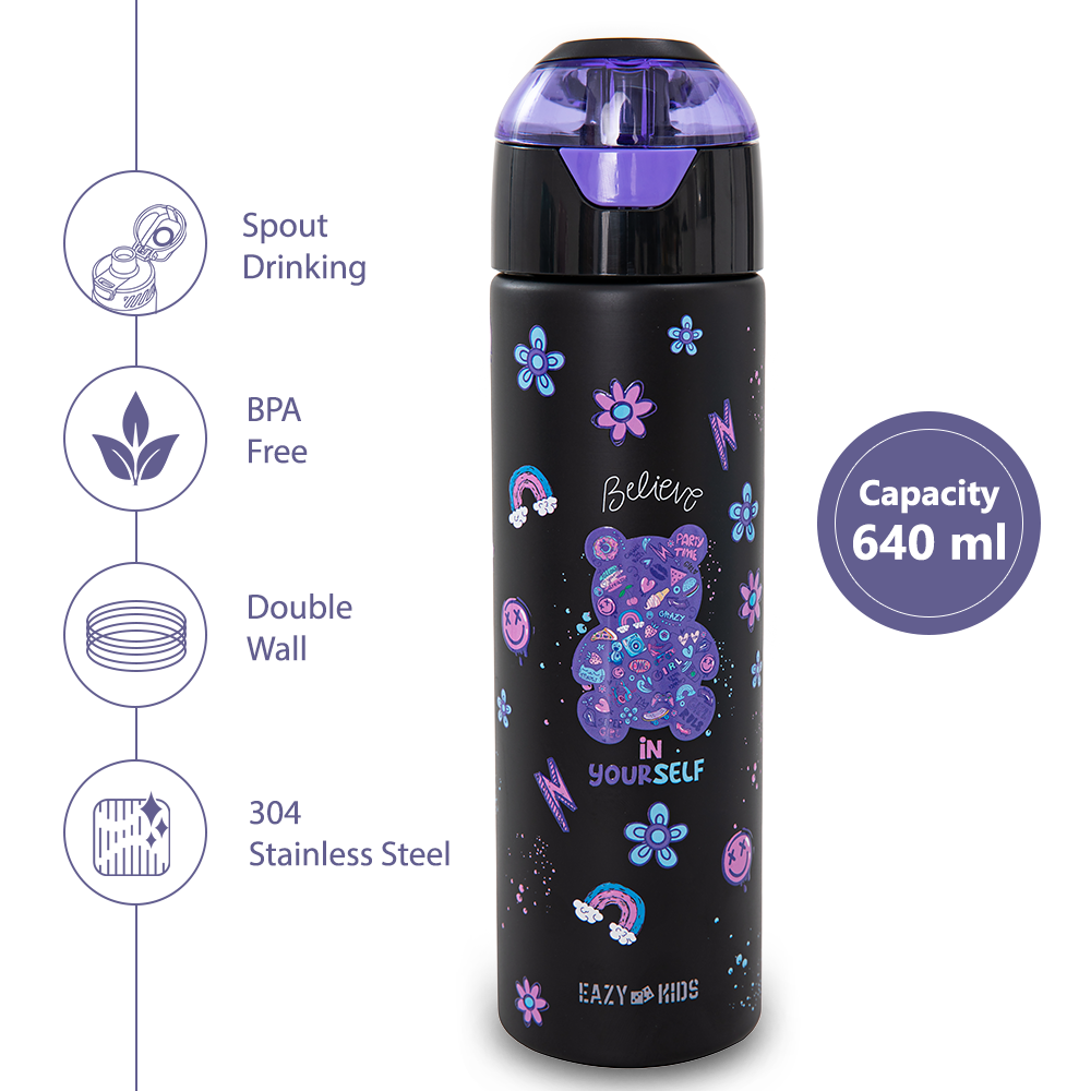 Eazy Kids - Insulated Stainless Steel Water Bottle w/Spray, Teddy 640ml - Black