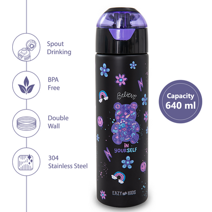 Eazy Kids - Insulated Stainless Steel Water Bottle w/Spray, Teddy 640ml - Black