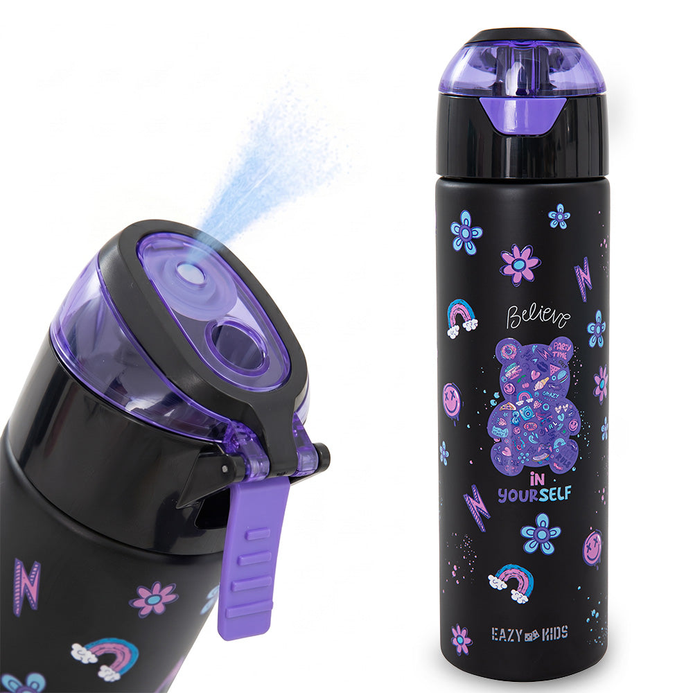 Eazy Kids Personalized - Insulated Stainless Steel Water Bottle w/Spray, Teddy 640ml - Black