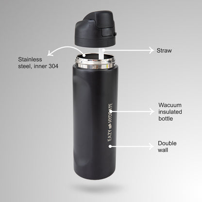 Eazy Kids Stainless Steel Water Bottle w/ Straw and Spout 710mL Black