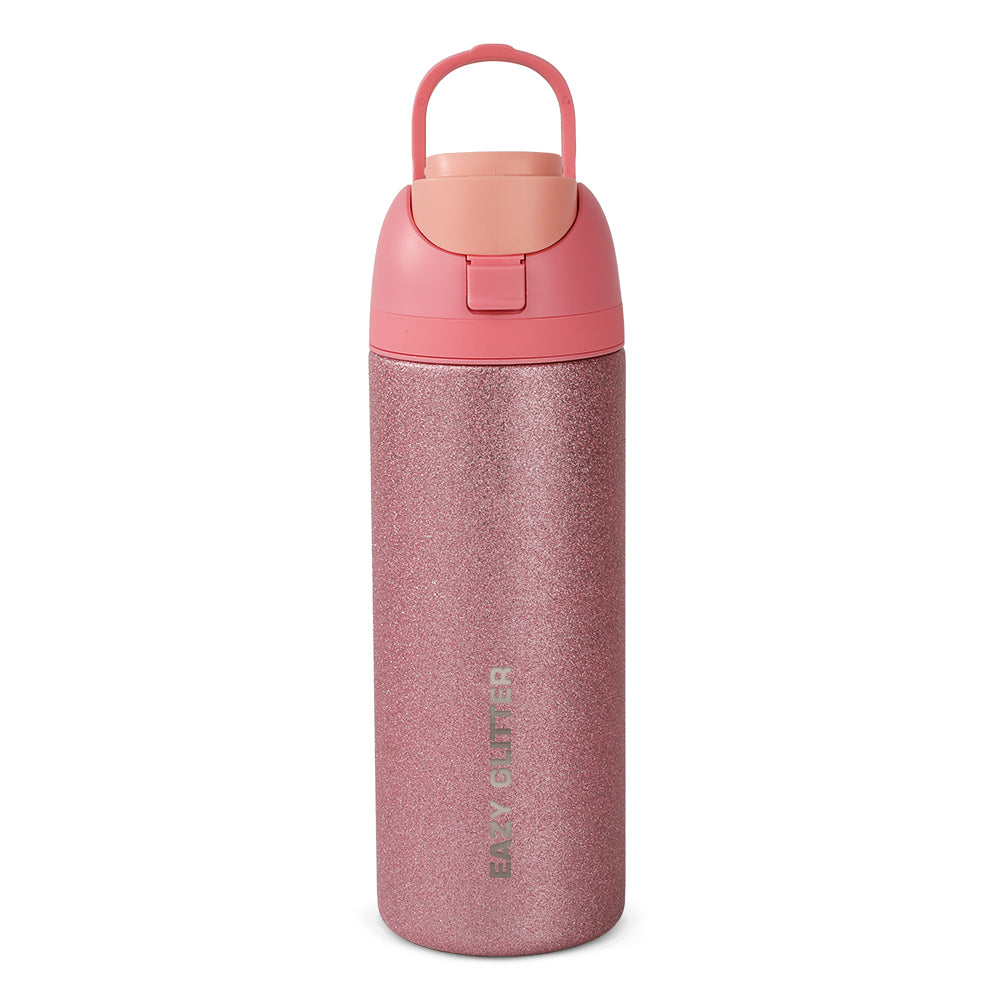Eazy Kids Glitter Stainless Steel Water Bottle 720ml – Double Wall Insulated, Spout Lid, Leakproof - Pink