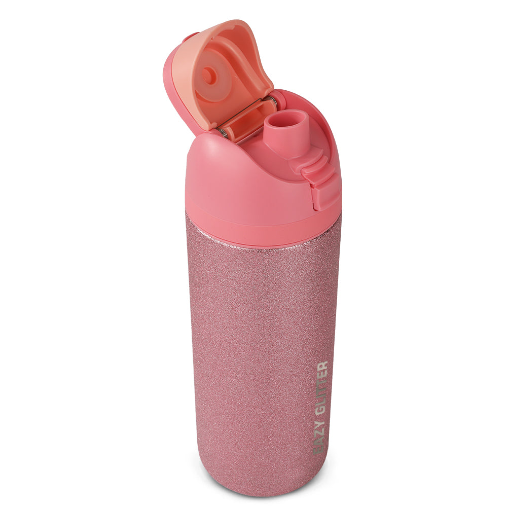 Eazy Kids Glitter Stainless Steel Water Bottle 720ml – Double Wall Insulated, Spout Lid, Leakproof - Pink