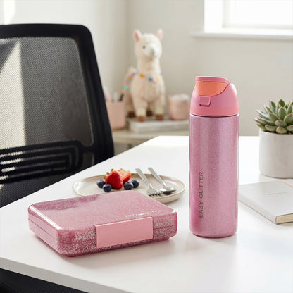 Eazy Kids Glitter Stainless Steel Water Bottle 720ml – Double Wall Insulated, Spout Lid, Leakproof - Pink