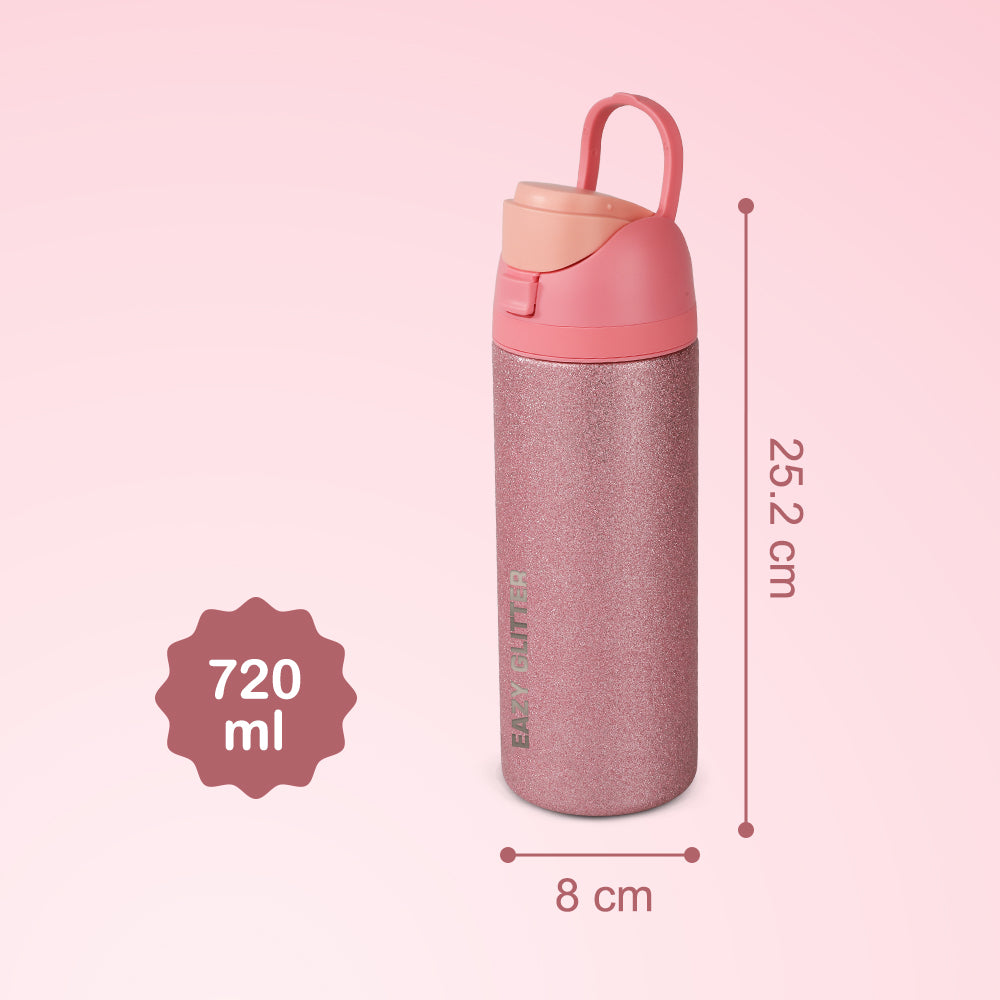 Eazy Kids Glitter Stainless Steel Water Bottle 720ml – Double Wall Insulated, Spout Lid, Leakproof - Pink