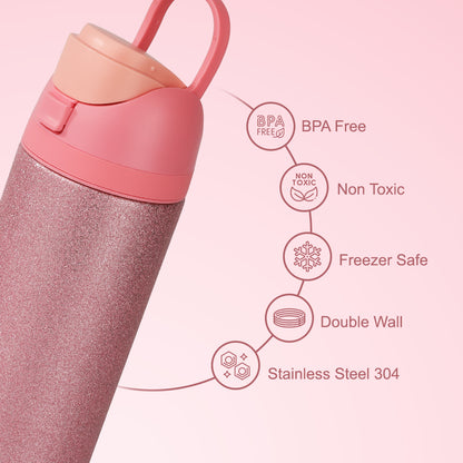 Eazy Kids Glitter Stainless Steel Water Bottle 720ml – Double Wall Insulated, Spout Lid, Leakproof - Pink