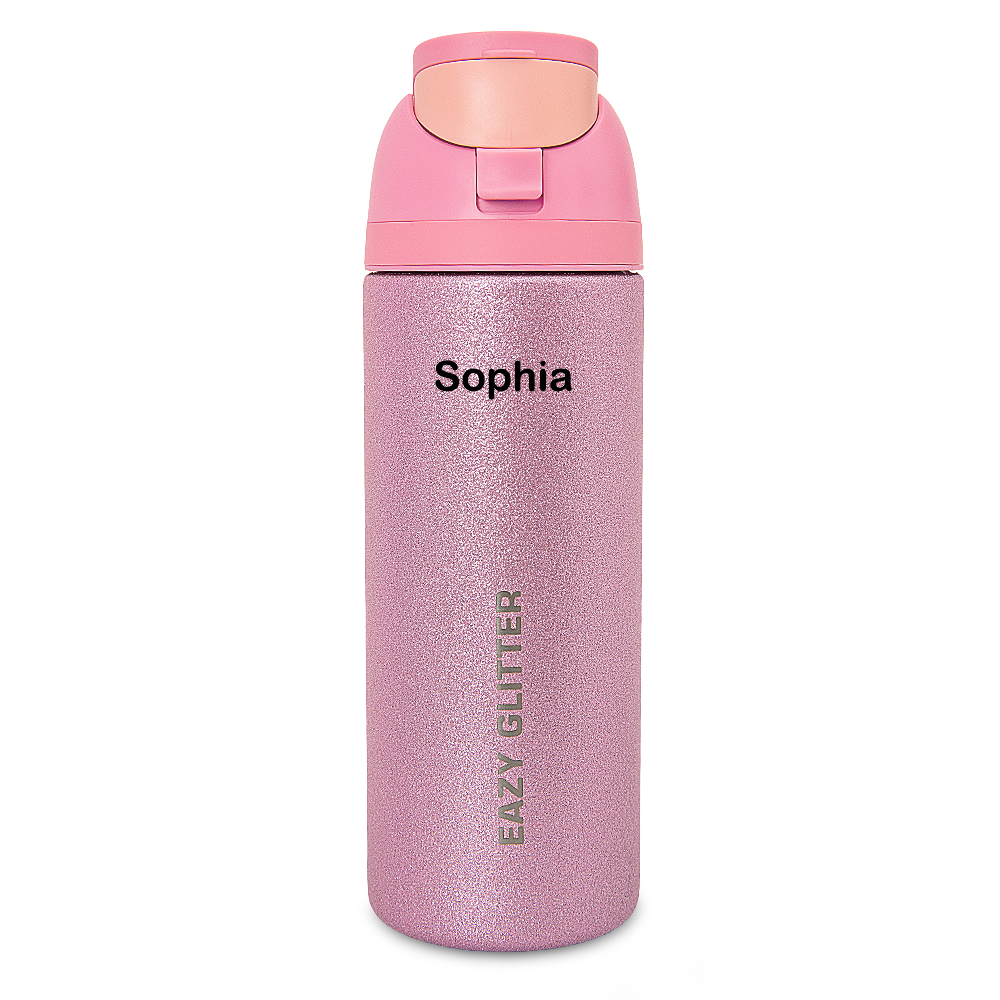Eazy Kids Personalized Glitter Stainless Steel Water Bottle 720ml – Double Wall Insulated, Spout Lid, Leakproof - Pink