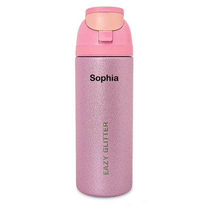 Eazy Kids Personalized Glitter Stainless Steel Water Bottle 720ml – Double Wall Insulated, Spout Lid, Leakproof - Pink