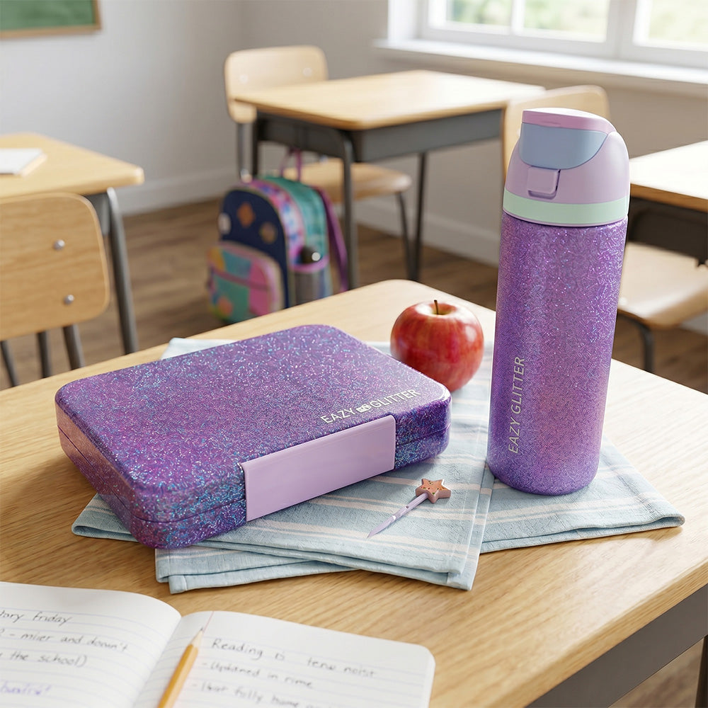 Eazy Kids Glitter Stainless Steel Water Bottle 720ml – Double Wall Insulated, Spout Lid, Leakproof - Purple