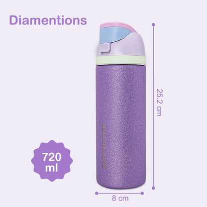Eazy Kids Glitter Stainless Steel Water Bottle 720ml – Double Wall Insulated, Spout Lid, Leakproof - Purple