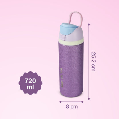 Eazy Kids Glitter Stainless Steel Water Bottle 720ml – Double Wall Insulated, Spout Lid, Leakproof - Purple