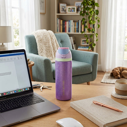 Eazy Kids Glitter Stainless Steel Water Bottle 720ml – Double Wall Insulated, Spout Lid, Leakproof - Purple